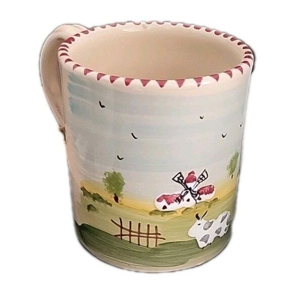 Farmhouse Sheep cow Coffee Mugs Set of 2 Hand Painted Pottery Italy Lamas - Picture 5 of 9